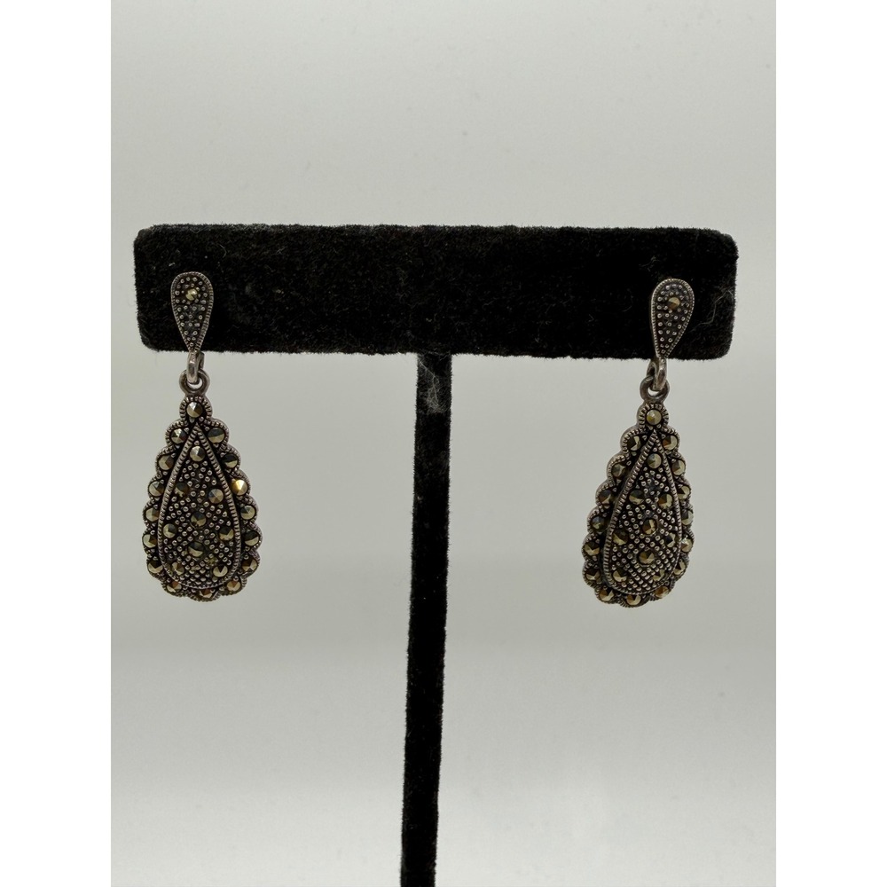 Vintage Sterling Silver Marcasite Teardrop Dangle Earrings 925 Art Deco Style